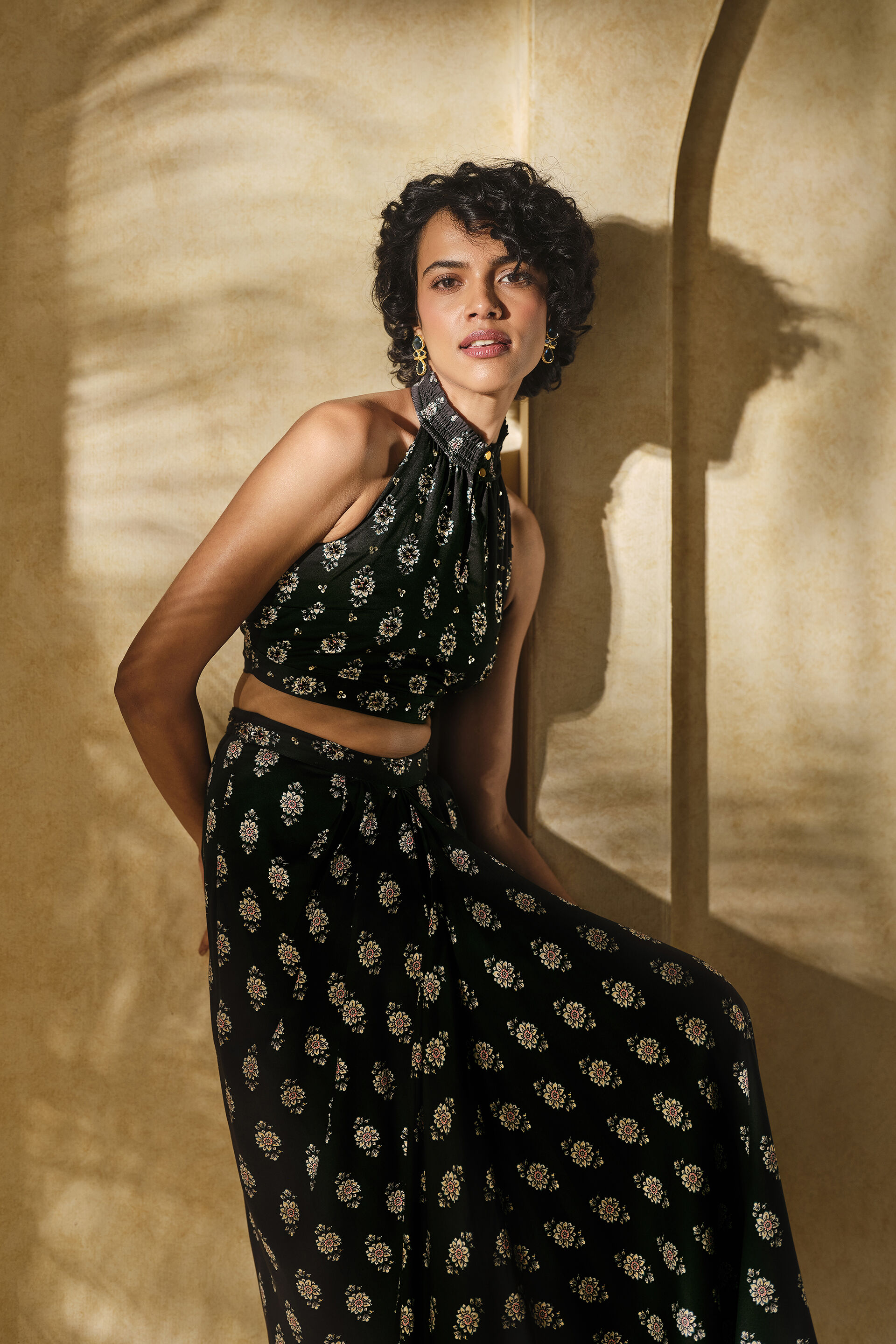 Black Viscose Draped Skirt & Halter Top Set, Black, image 5